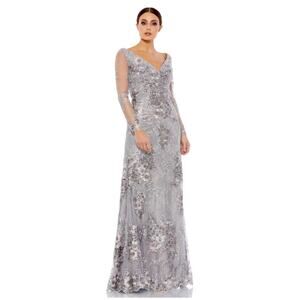 Mac Duggal 16 platinum embellished v neck illusion long sleeve gown lace bride